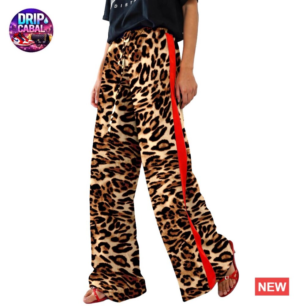 Leopard Print Wide Leg Pants High Waisted Palazzo Trousers Side Striped Casual